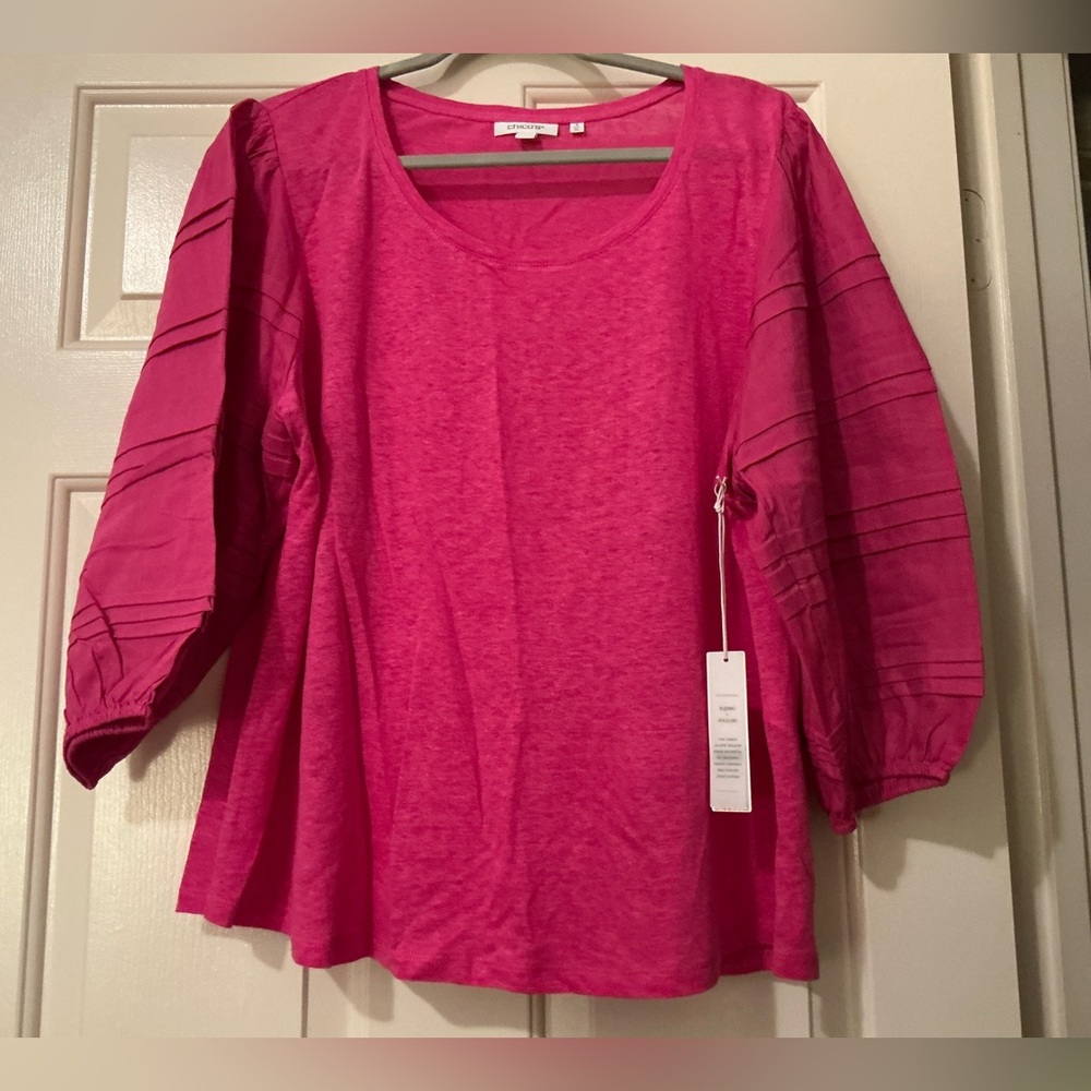 NEW Chico's Pink Linen Blend Blouse with 3/4 Sleeves and Relaxed Fit